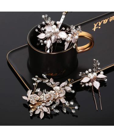 5 Pieces Bridal Rhinestone Hair Pins Wedding Hair Clips Bridal Hair Piece Light Rose Gold Flower Leaves with Artificial Pearl Hair Barrette for Wedding Hair Accessories (Light Rose Gold) - Buy Online on GoSupps.com