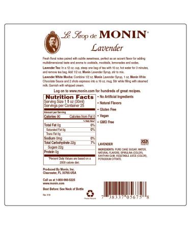 Monin Lavender Syrup - Aromatic & Floral Natural Flavor for Cocktails, Lemonades, and Sodas - 750ml (25.4 Fl Oz) - Non-GMO, Gluten-Free - Buy Online on GoSupps.com