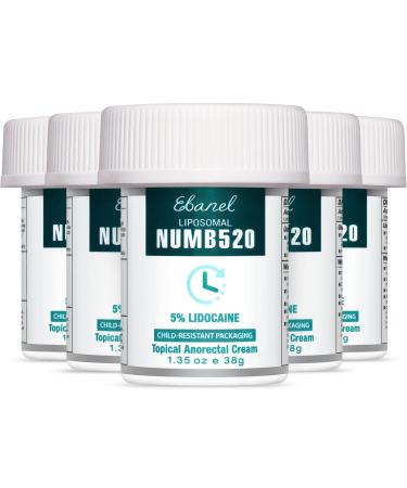 Ebanel 5% Lidocaine Numbing Cream Maximum Strength Liposomal Numb520 Topical Anesthetic Pain Relief Cream 5Pack of 1.35 Oz with Aloe Vera Vitamin E for Local and Anorectal Uses Hemorrhoid Treatment 1.35 Ounce (Pack of 5)