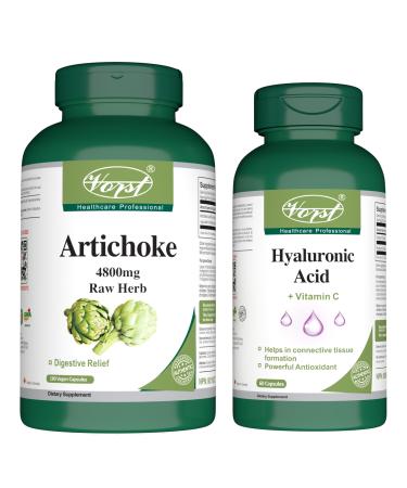 VORST Artichoke 180 Vegan Capsules and Hyaluronic Acid with Vitamin C 60 Capsules (Combo Bundle 2 Bottles)