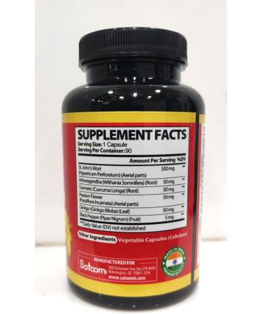 Satoomi St. John's Wort Capsules Extract Supplement - 6 Herbs Equivalent 5050 mg - Emotional Balance, Joyful Mood & Mood Support - 1 Pack 90 Veggie Caps 3-Month Supply - Buy Online on GoSupps.com