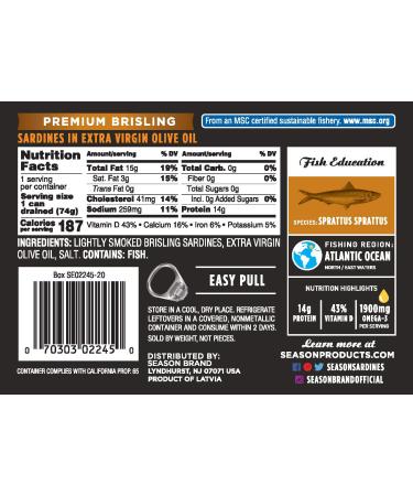 Season Brisling Sardines in Pure Olive Oil - Pack of 6 Tins (3.75 oz Each) | Premium Seafood - Buy Online on GoSupps.com