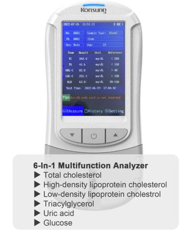 Konsung Cholesterol Home Test Kit 6-in-1 Glucose Uric Acid Total Cholesterol HDL LDL Trigly Cerideuric Acid and Lipid Analyser with 60 Test Strips - Buy Online on GoSupps.com
