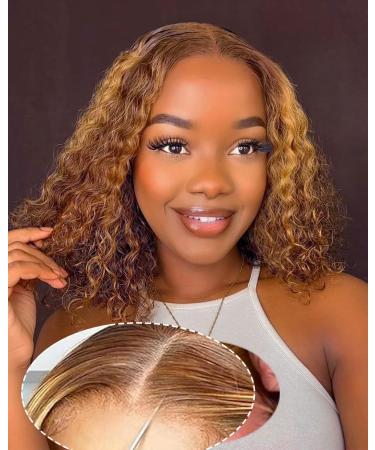 Highlight Wear and Go Glueless Wig Human Wigs Glueless Deep Wave Human Wig Short Bob Wig Yddm 5x5 HD Lace 12 Inch Pre Plucked Pre Cut 180% Density Honey Blonde Front Wig Human Hair 5x5 4/27 Water Wave Wig