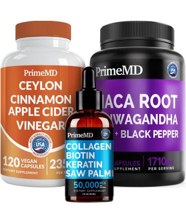 5-in-1 Ceylon Cinnamon (120ct) 4-in-1 Biotin Collagen Keratin Saw Palmetto (2 fl oz - 1 Pack) & 6-in-1 Maca Root Ashwagandha (120ct) Bundle - Energy Mood Hair Skin & Immune Support Supplement