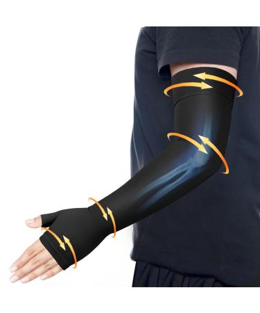 Lymphedema Medical Compression Arm Sleeve with Gauntlet 20-30 mmHg Graduated Compression Full Arm Support for Women Men Long Pressure Arm Hand Brace for Arthritis Bursitis Edema Nerve Pain Black (Single) Large