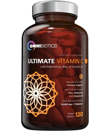 OmniBiotics Ultimate Vitamin C 2000 mg with Full Servings of Zinc  Elderberry  & Vitamin D3 - Advanced Immune Support & Antioxidant Supplement - 120 Vegan Tablets