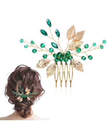 Gold Hair Accessories for Bridal Retro Side Combs for Women Vintage Hair Accessories for Wedding Leaves Crystal Side Comb Gold Emerald Green Crystal Bridal Hair Pieces Rhinestones Hair Clips