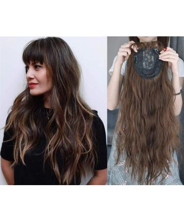 LXUE 22" Wavy Hair Topper with Bangs Add Volume Hair Extension Hair Pieces for Women with Thinning Hair Light Brown