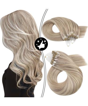 Real hair Extensions Microrings Blond Remy Micro Extensions Real Hair Glatt Cold Fusion Hair Extension Real Hair Micro Beads Highlight Ashblond with Blond 1g 50g p Package 50 cm