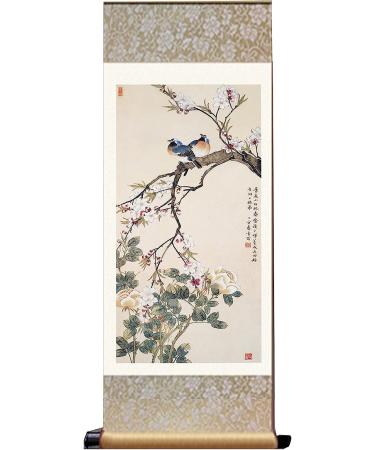 Chinese Hanging ScrollsSilk Scroll Painting Chinese Silk Scroll Painting Wall Decor Watercolour Flowers Birds Scroll Painting Wall Home D cor for Living Room Bedroom Office A (OneColor)