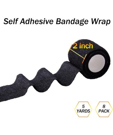 BQTQ 8 Rolls Cohesive Bandage 2 Inch - Self Adherent Sport Wrap Tape for Ankle Sprains - Black - Ideal for Human and Animals - Stretch Bandage Wrap Athletic Tape - Buy Online on GoSupps.com