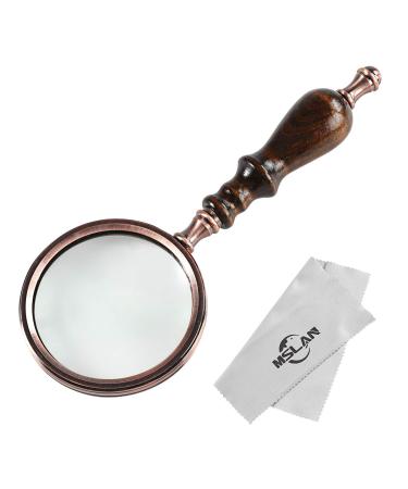 MSLAN Magnifying Glass,10X Antique Copper Handheld with Wooden Handle and Real Glass,Best Reading Magnifier for Elderly,Macular Degeneration