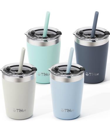 Tiblue Kids & Toddler Cup - 4 Pack 8oz Spill Proof Stainless Steel Water Bottle Insulated Tumbler with Leak Proof Lid & Silicone Straw with Stopper - BPA FREE Baby Smoothie Drinking Cup for Girls Boys 4 A5. 8oz Coastal