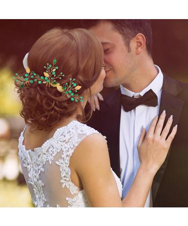 Lusofie 3Pcs Emerald Green Rhinestone Bridal Hair Pins | Gold Flower Leaves Wedding Hair Piece for Women Girls - Buy Online on GoSupps.com