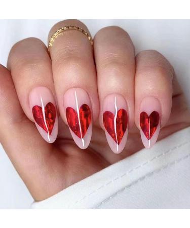 24 pieces Valentine's Day Almond Artificial Nails Medium wrong nails French nude red acrylic press on nails 12 sizes oval love heart artificial nails to stick on for women girls