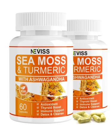2 Pack Organic Sea Moss Capsules, New Formula - Turmeric, Ashwagandha Capsules - Rich in Iodine - Immune & Digestive System, Thyroid Supplement, Gut Cleanse, Seamoss Pills, Seamoss Gel, 60*2 Capsules 1 Count (Pack of 1)