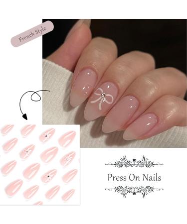 24Pcs Short False Nails - Pink French False Nails Press on Nails - Full Cover False Nails White Almond Stick on Nails - French Fake Nails Stick on Nails for Women and Girls Nail Art Simple White Bow - Buy Online on GoSupps.com