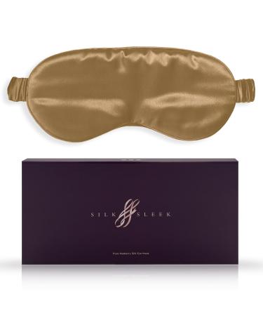 SILKSLEEK Eye Mask for Sleeping 22 Momme Pure Mulberry Silk Sleep Mask Filled with 100% Pure Silk Travel Essentials Super Soft & Comfortable Blackout Eye Mask in Gift Box (Gold)