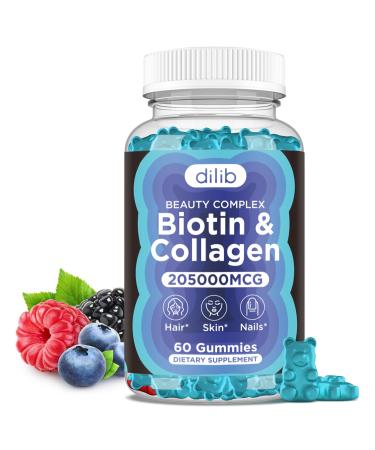 dilib Biotin and Collagen Gummies Supplements with Keratin Hair Growth Vitamins for Women & Men Hair Skin and Nails Gummies Marine Collagen Peptides-Mixed Berry Flavor 60 Gummies