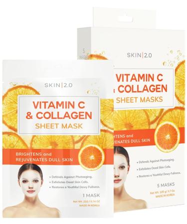 Skin 2.0 Vitamin C and Collagen Sheet Face Mask - Prevents Sun Damage  Reduces Acne  Acne Scars & Wrinkles  Brightening Sheet Mask - Cruelty Free Korean Skincare For All Skin Types - 5 Masks