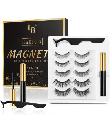 Magnetic Eyelashs Larbois 5 Paires Magnetic Eyelashes Natural Look with Eyeliner Kit Self Adhesive&Reusable Fluffy Fake Eyelashes Set and Waterproof&Long Lasting Magnetic Eyeliner No Glue Needed