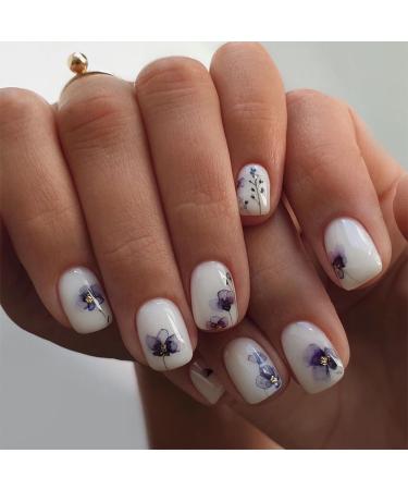 24pcs White False Nails Short Flower Stick on Nails French Tip Press on Nails Removable Glue-on Nails Fake Nails Women Girls Nail Art Accessories 0252Y39