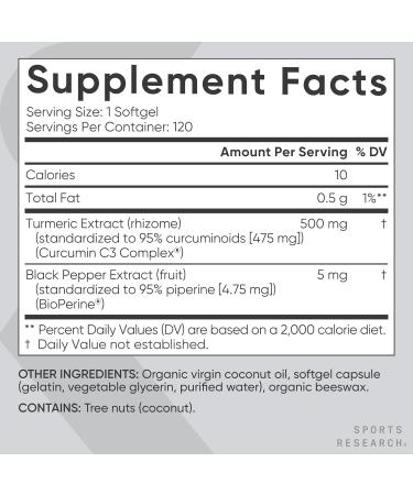 Sports Research Turmeric Curcumin C3 Complex - Softgels with Bioperine Black Pepper Extract & Organic Coconut Oil, Standardized 95% Curcuminoids - Non-GMO Verified & Gluten Free - 500mg, 120 Count - Buy Online on GoSupps.com