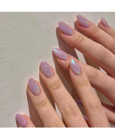 Oval Fake Nails Short 24Pcs Purple Glitter Press on Nails Almond Glossy Fake Nails with Nail Glue Stiletto Stick on Nails for Women Nails Fake Nail for Nails Art #LS