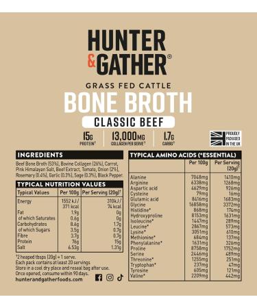 Hunter & Gather Bouillon d Os de B uf en Poudre 400g | 15g de Prot ines & Collag ne de B ufs Europ ens Nourris l Herbe | Instantan Sans Gluten | Pr t l Emploi | 74kcal/portion - Buy Online on GoSupps.com