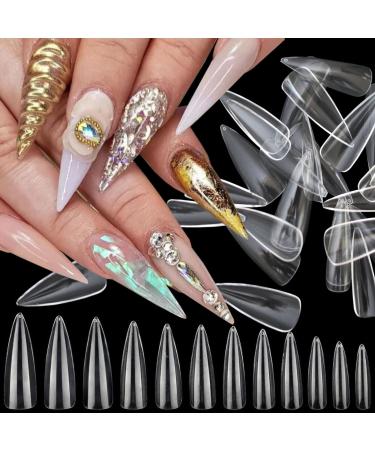 LoveOurHome 600pc Profesional Stiletto Acrylic Nails Tips Soft Gel X Long Pointy Fake Nails Clear Full Cover Ge Nail Extension False Nails 12 Sizes with Case (Stiletto)