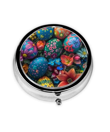 Colored Eggs and Flowers Portable Metal Pill Box Round Mini 3-Compartment Plastic Insert hinged Fastening Design Suitable for Small Pills Must-Have for Travel Black
