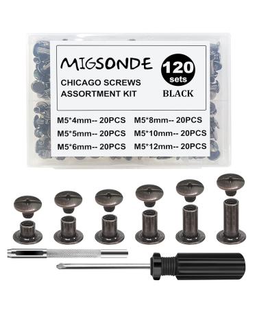 MIGSONDE 120 Sets Chicago Screws Assorted Kit  M5 Binding Screws Assembly Bolt Nail Rivet Button DIY Leather Decoration Book Binding Craft Round Flat Head Stud Screw (4/5/6/8/10/12MM X 20 Pcs) Black