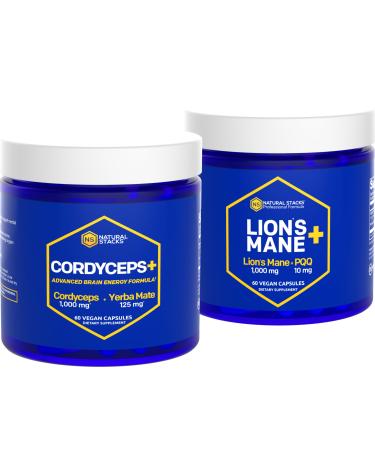 NATURAL STACKS CORDYCEPS + Lions Mane Mushroom Supplement Bundle - Supports Brain Energy and Memory* - 120 Mushroom Capsules