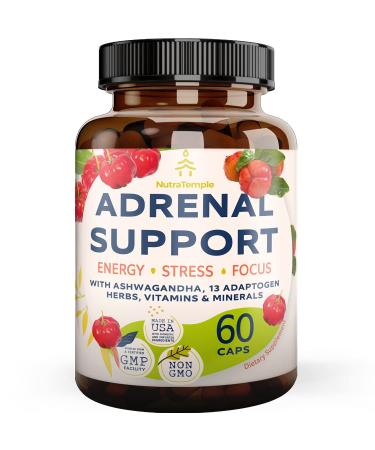 Adrenal Support & Cortisol Manager  Extra Strength Adrenal Fatigue Supplements for Energy, Mood Boost, Brain Fog with Ashwagandha, Rhodiola Rosea, L Thyrosine, Holy Basil  60 Non GMO Pills