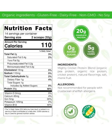 Mighty Cricket Protein Powder. 20g Clean Prebiotic Cricket Protein. No Sugar Low Carbs Gluten & Dairy Free. Keto & Paleo 100% Natural Ingredients. Chocolate 1 lb (Pack of 1) Chocolate 1 Pound (Pack of 1) - Buy Online on GoSupps.com