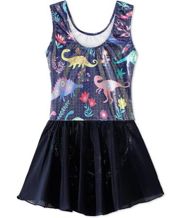 Girls Long Sleeve Skirted Leotard for Gymnastics & Dance | Unicorn Mermaid Rainbow Skirt | Size 4-5T | Blue Dinosaur - Buy Online on GoSupps.com