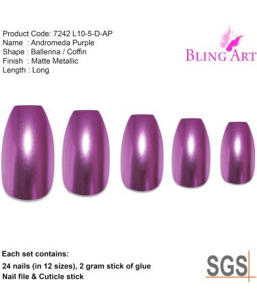 Bling Art Ballerina False Nails Fake Coffin Matte Purple Metallic Acrylic Tips - Buy Online on GoSupps.com