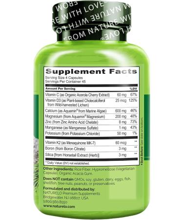 NATURELO Bone Strength Supplement - Plant-Based Calcium, Magnesium, Potassium, Vitamin D3, VIT C, K2 - 180 Vegan Capsules - Buy Online on GoSupps.com