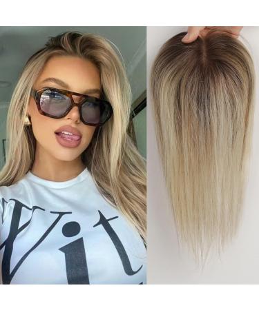 EMMOR Hair Topper For Women 100% Remy Human Hair For Women With Thinning Hair Loss Cover Gray Hair Three Clips on Topper 3.5in 4in Hand-Tied 12 inch Ombre Blonde