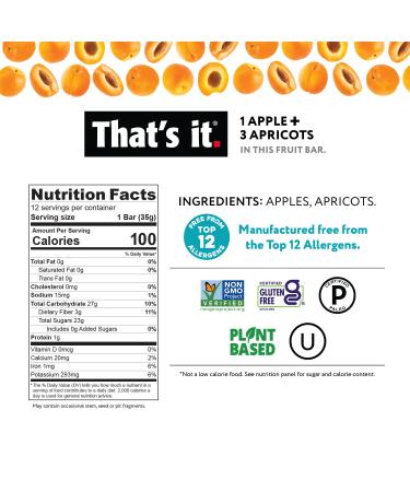 That's it Apple + Apricot Fruit Bar - High Fiber Vegan Snack, Gluten Free, Paleo, Non GMO - 12 Pack - Buy Online on GoSupps.com