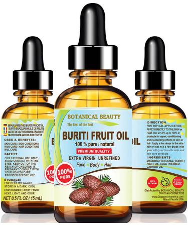Brazilian BURITI FRUIT OIL Pure Natural Virgin Unrefined Cold Pressed Carrier Oil Undiluted 0.5 fl.oz- 15 ml for Face Body Hair Lip and Nails by Botanical Beauty