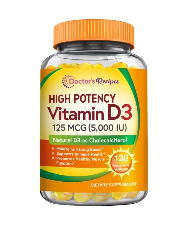 Doctor's Recipes Vitamin D3 5000IU Immune Support for Bones Teeth and Muscle Function Non-GMO No Gelatin Gluten or Soy 120 Vegetarian Softgels