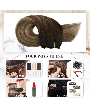 Moresoo Balayage Sew in Human Hair Extensions 24 Inch - Brown Ombre to Light Brown with Medium Blonde Double Weft Extensions - 100g/Pack #3/8/22 - Buy Online on GoSupps.com