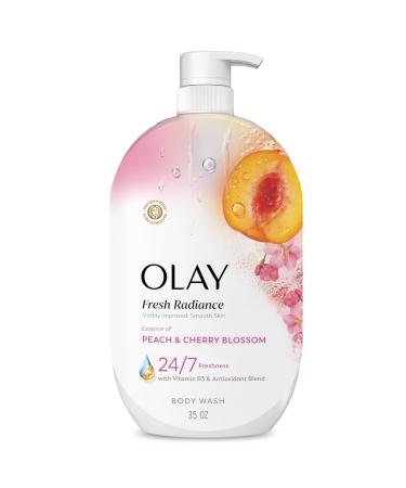 Olay Body Wash for Women Fresh Radiance 24/7 Skin-Loving Freshness Visibly Radiant Plant Based Cleansers Vitamin B3 & Antioxidant Blend For All Skin Types Peach & Cherry Blossom Scent 35 fl oz