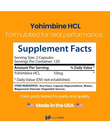 Healthfare Yohimbine HCL 10mg | 240 Vegan Capsules | Maximum Strength Formula | Non-GMO & Gluten-Free | Made in USA - Buy Online on GoSupps.com