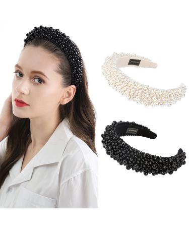 QIANXUAN Fashion Pearl Headband for Women - Elegant Black Padded Headband with Rhinestones and Beading | Wide Hairband Accessory for Girls - Buy Online on GoSupps.com