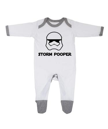 'Storm Pooper' New Born Baby Boy Girl Sleepsuit 100% Fine Combed Cotton 9-12 Months White/Grey Trim
