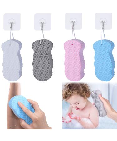 4Pcs Ultra Soft Bath Body Shower Sponge  Resuable Exfoliator Dead Skin Remover  Super Soft Exfoliating Bath Sponge with 4 Sticky Hooks for Pregnant Women  Adult and Children (Pink Blue Gray White)