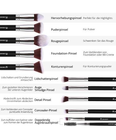 Beakey Makeup Brush Set for Women & Girls | 10+2PCs Foundation Blending Powder Blush Eye Shadow with Sponge & Cleaning Egg - Black/Silver - Buy Online on GoSupps.com